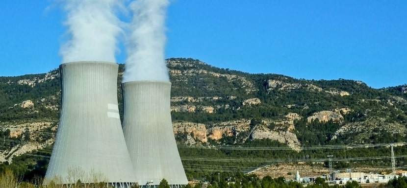 Nuclear reactor cooling towers releasing condensation.