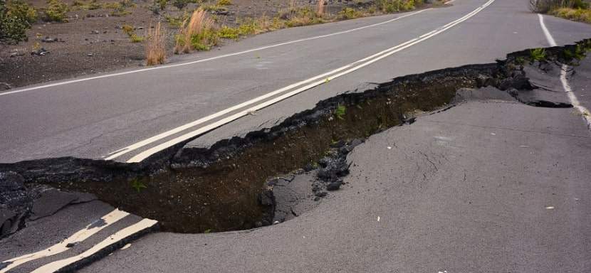 Cracked road caused by a very large earthquake.