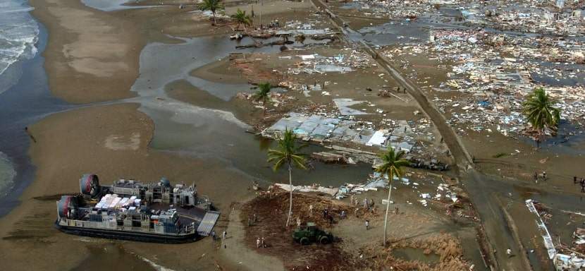 The aftermath after a tsunami hit a coastline.