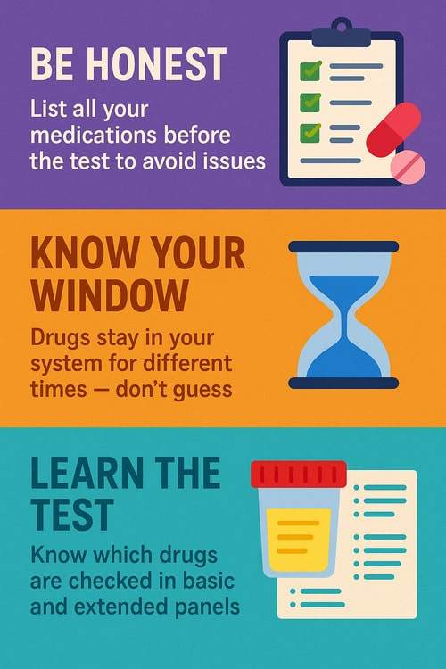 Important Tips to Prepare for a Drug Test. Colorful infographic with drug test preparation tips, including being honest about medications, understanding detection windows, and knowing test types. | Howtosurviveeverything.com