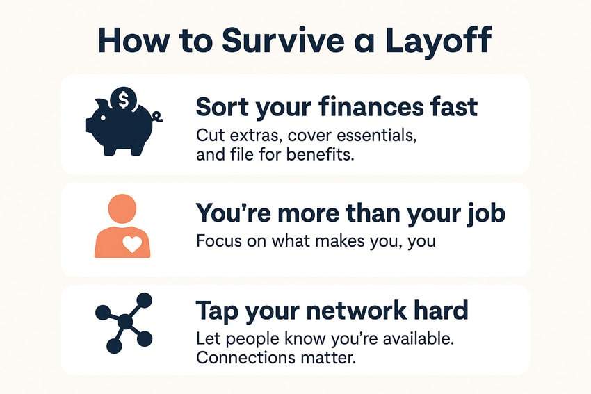 Top 3 Tips to Survive a Layoff. Infographic with three quick tips on how to survive a layoff financially and emotionally. | Howtosurviveeverything.com