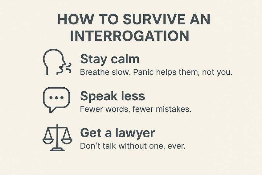 Infographic: How to Survive an Interrogation in Three Simple Steps. Infographic showing three essential tips to survive an interrogation. | HowtoSurviveEverything.com